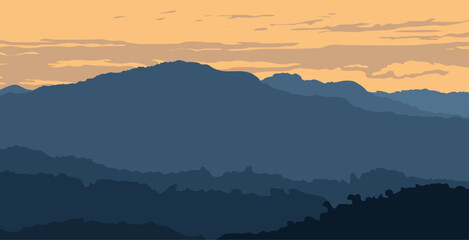 Vector landscape with silhouette of mountains, with sunrise or sunset sky and lens flare