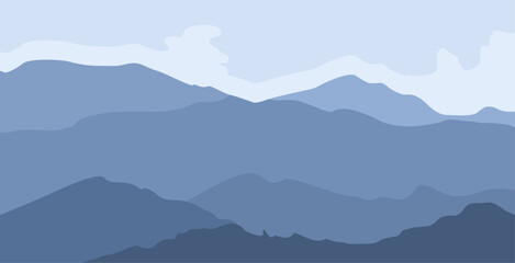 illustration of a beautiful blue mountain landscape covered in a clear sky, cool morning mist 