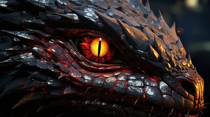 A hyper - realistic close - up of a dragon's eye, exemplifying the ferocity of this mythical beast. digital art style, The eye is elongated and reptilian,