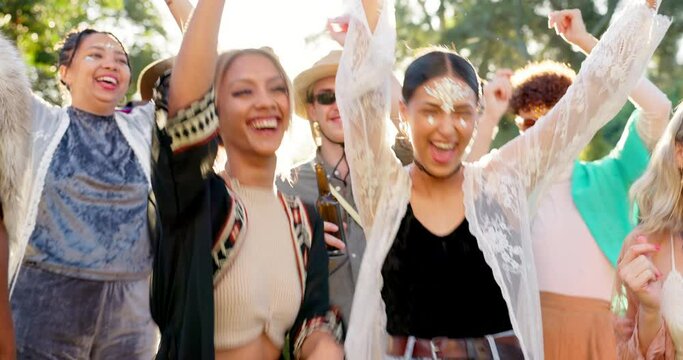 Crowd, people dancing at music festival and friends outdoor, energy and social gathering, event and bonding. Sunshine, men and women in crowd with fun and freedom at reunion or concert in forest