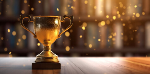champion prize award competition celebration gold bokeh library cup trophy. Generative AI.