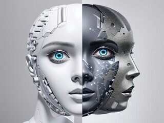 On one side, there should be the futuristic face of an AI robot, while on the other side, there should be the authentic face of a real human