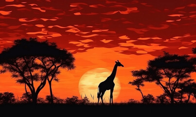 Fototapeta na wymiar silhouette sunset giraffe wild elephant safari africa wildlife animal nature. Generative AI.