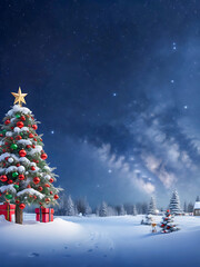 Christmas Background with Trees, Gifts and Snowy Atmosphere