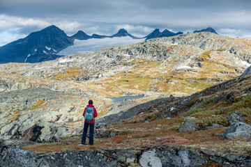 Naklejka premium Visiting Norway Hiker admires beautiful mountains near Skalavatnet Lake Suldal, Norway