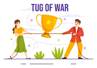 Tug of war Vector Illustration with People Pulling Opposite Ends of Rope on Business Competition in Flat Cartoon Hand Drawn Background Templates