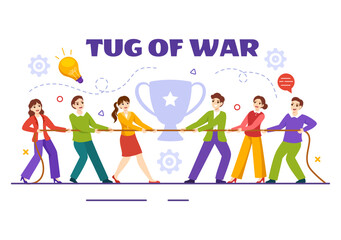 Tug of war Vector Illustration with People Pulling Opposite Ends of Rope on Business Competition in Flat Cartoon Hand Drawn Background Templates