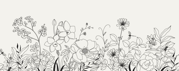 seamless minimal Hand drawn botanical flowers and leaf vector in Spring and summer collection