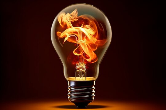 light bulb with fire flower inside on red, 3D image
