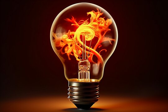 light bulb with fire flower inside on red, 3D image
