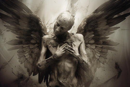 Religion, fantasy, fashion, good and evil concept. Abstract and surreal looking angel with wings illustration. Generative AI