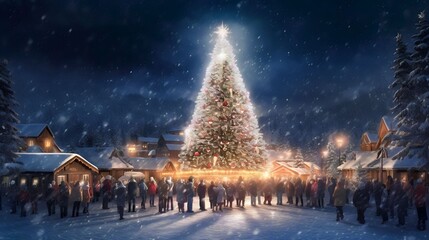 very big christmas tree with bright stars on top which shines brightly in the snow village and many people look at it