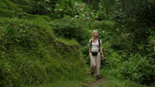 Attractive young blond female walking towards the camera in the rice terrace and rice fields looking around taking in the surrounding green environment in Ubud Bali Indonesia