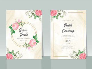 beautiful pink roses watercolor wedding invitation card