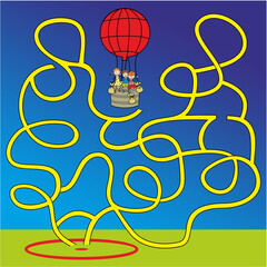 labyrinth, maze, leisure activity, balloon with smilingg kids, find way to target, vector illustration