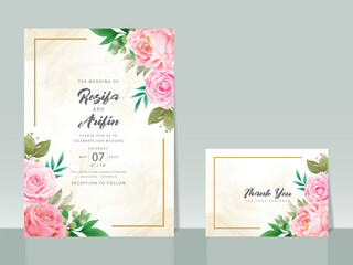 beautiful pink roses watercolor wedding invitation card