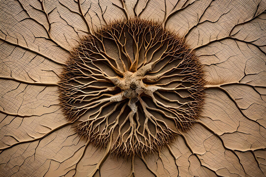 Organic circle root pattern. Plant roots nature background
