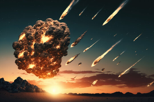 Conceptual image of asteroid explosion on sky background. Generative AI