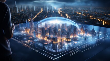 Man and futuristic technological progress city. Future technologies, Internet Business, Digital technology AI
