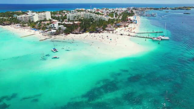Beach Holiday Resorts Of Playa Norte, Isla Mujeres, Tropical Mexico Tourist Destination, 4K Drone