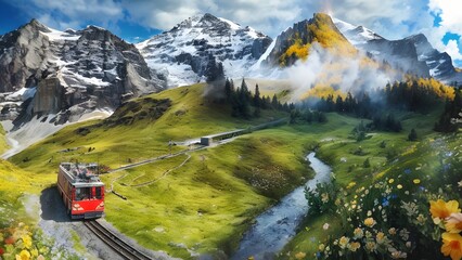 Electric tourist train and Eiger North face, Bernese Oberland, Switzerland - ai generated - 623303706