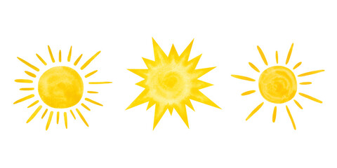 Set of watercolor yellow suns isolated on white background. Drawn by hand. Texture of watercolor on paper. Element for design and decoration. Bright summer spot.