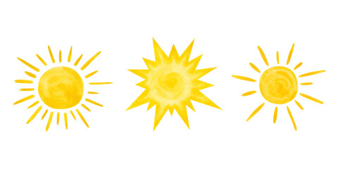 Set of watercolor yellow suns isolated on white background. Drawn by hand. Texture of watercolor on paper. Element for design and decoration. Bright summer spot. © Svitlana