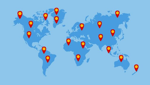 World map with pins location animation footage