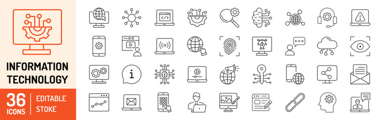 Information technology editable stroke outline icons set. IT network, internet, website, data, software, communication, online computer and programming. Vector Illustration - obrazy, fototapety, plakaty