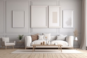 Fototapeta na wymiar Frame mockup in farmhouse living room interior background, 3d render, generative AI