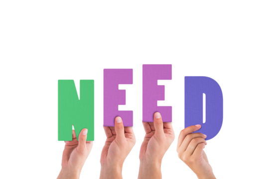Digital png illustration of hands with need text on transparent background