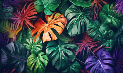 Tropical leaves textured wallpaper. Colorful leaf monstera surface banner. For postcard, book illustration. Created with generative AI tools