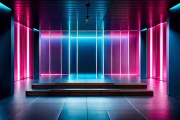 a wide - eye shoot of unaccented bluing and pink lighter of an evacuate shopfront of workshop. Creative resource, AI Generated