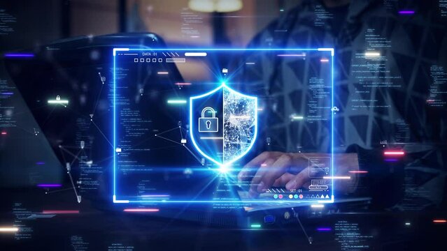 Man using laptop computer accessing applications or login Internet network to conduct transactions through digital technology cybersecurity password protect personal information from online crime.