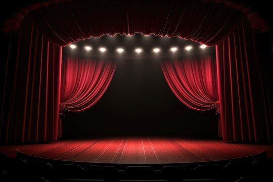 Theater Stage With Red Curtains Are Opening With Spotlight Performance Lights Showing, Generative AI	
