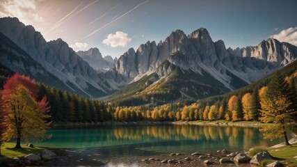 colored summer decide of the lake . undimmed click lawsuit of the Julian Alps. Creative resource, AI Generated - obrazy, fototapety, plakaty