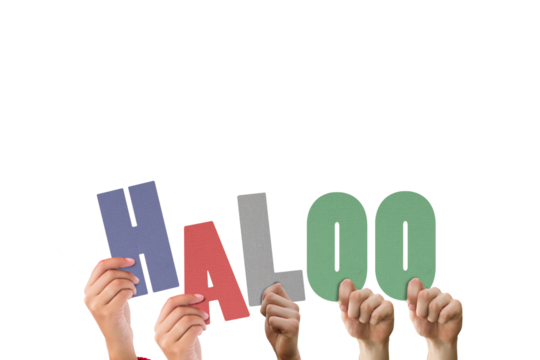 Digital png illustration of hands with haloo text on transparent background