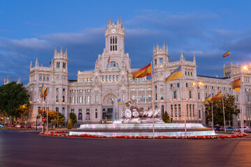Fototapeta na wymiar Cybele Palace in Madrid, Spain, during the blue hour. 