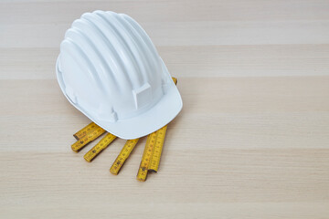 construction tools on a wooden work table copy space for text