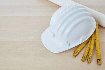 construction tools on a wooden work table copy space for text