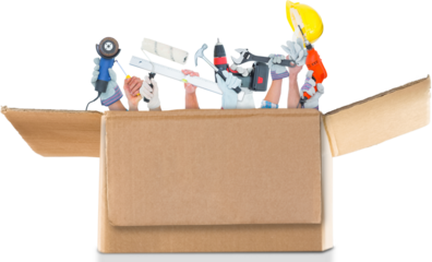 Digital png photo of hands holding tools in box on transparent background