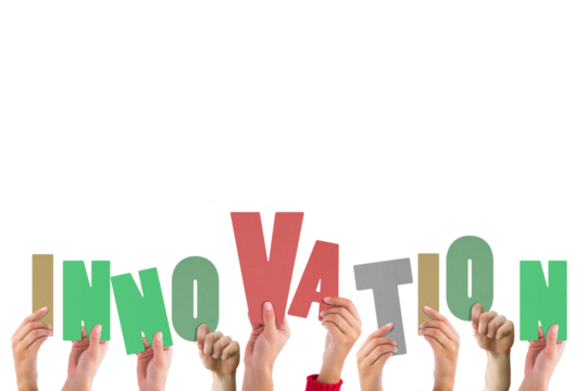 Digital png illustration of hands holding innovation text on transparent background