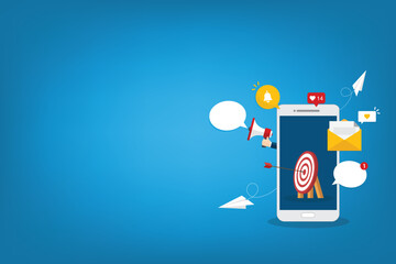 Mobile phone marketing. Reaching online audience with email marketing campaign, social media content, newsletter subscription.