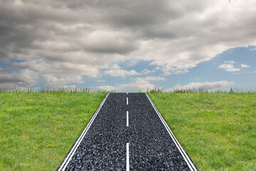 Digital png illustration of road with grass and sky with clouds on transparent background