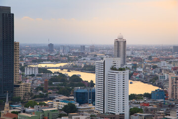 Top view Commercial building in Bangkok city at twilight with skyline,Thailand