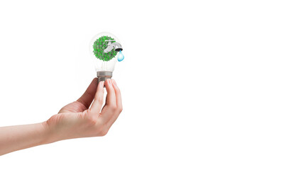 Digital png illustration of hand holding lightbulb with tap on transparent background