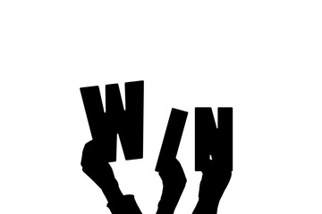 Digital png illustration of hands with win text on transparent background