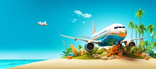 Naklejka premium Passenger airplane and tropical palm on a paradise island. Unusual travel.created generative ai.