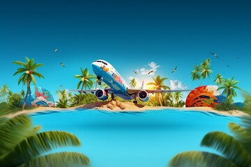 Fototapeta na wymiar Passenger airplane and tropical palm on a paradise island. Unusual travel.created generative ai.