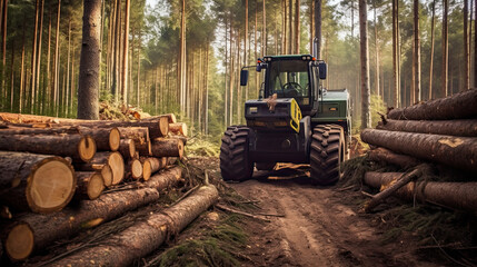 Fototapeta na wymiar timber carrier, Log stacks along forest road